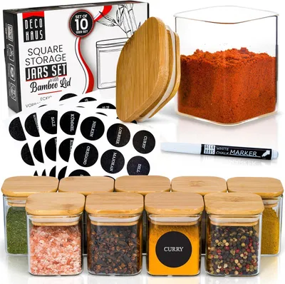 Zdjęcie produktu dla Półka na przyprawy Decohaus, kwadratowe pojemniki na przyprawy z etykietami, zestaw 10 sztuk, zestaw pojemników na przyprawy z drewnianymi pokrywkami, pojemniki do przechowywania przypraw