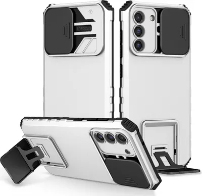 Multiple views of a white phone case with black accents, including a kickstand and camera lens cover.