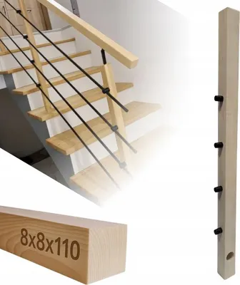 Immagine prodotto di Legno squadrato - Palo in legno - per ringhiere - 8x8x110 cm - Legno di frassino - Kit di montaggio completo - Maniglie di passaggio per tubi con ⌀ 12mm