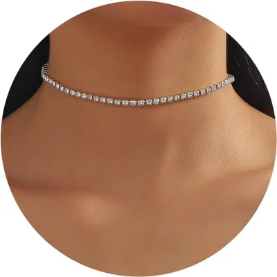 Produktbild von Tennis Halskette Damen, 14K Vergoldet, Cubic Zirkonia, Verstellbare Choker, fuer Festliche Anlässe