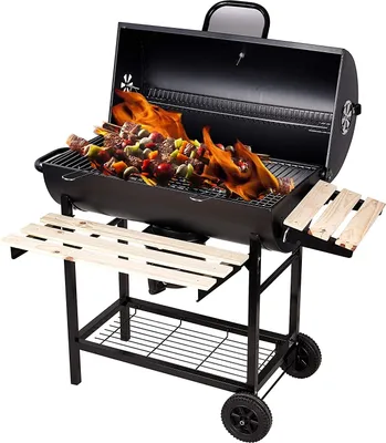 Produktbild von SunJas Holzkohlegrill CA-30, Komplett-Set, Grillstation auf Rollen mit 2 Kammern, Grillwagen Holzkohlegrill mit Deckel, mit Temperaturanzeige,Holz-Ablagen Gartengrill, Seitenablage Aschetopf