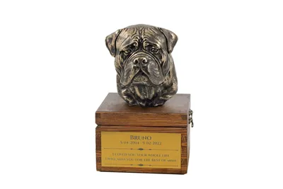 Produktbild von Bullmastiff - Eine Ascheurne für Hunde mit einer Statuette, eine kleine Urne für Hunde, eine personalisierte Urne mit dem Porträt eines Hundes von der Marke Art-Dog.