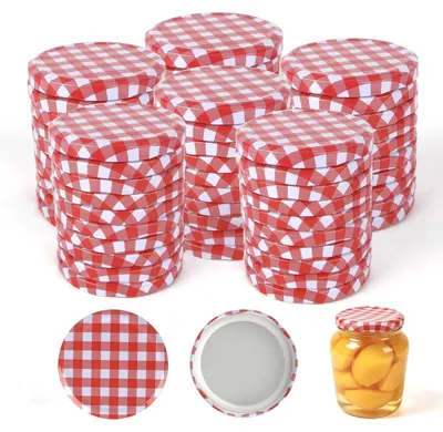 Imagen del producto de Tapas para frascos de conserva, 82 mm, 60 unidades, con diseño a cuadros rojo y blanco, tapas de repuesto para la cocina