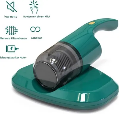 A close-up shot of a green handheld vacuum cleaner with a charging base, set against a white background. Text and icons describing its features are visible on the left side of the image.