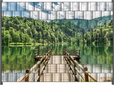 Produktbild von Wallario Zaunsichtschutz mit Motiv Steg am See in den Bergen für Ein- und Doppelstabmatten Zäune in der Größe 250 x 180 cm