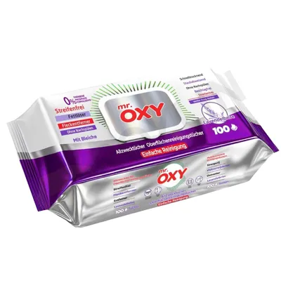 Produktbild von OXY Maxima Allzweck-Reinigungstücher 100St streifenfrei, fettlösend, schnell trocknend, Lavendelbrise-Duft, mit Bleiche, ohne Nachspülen