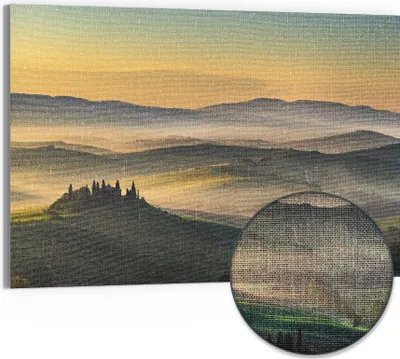 Produktbild von DEQORI Hybrid Leinwand Bild 90x60 cm 'Toskanischer Morgenzauber' Wandbild Glas flach modern