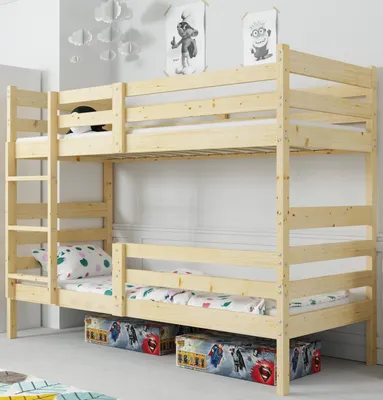 Produktbild von Interbeds Etagenbett Hochbett 200x90cm Stockbett Holzbett Jugendbett Naturholz mit Rausfallschutz Kiefernholz mit Lattenrost Kinderbett Rohholz