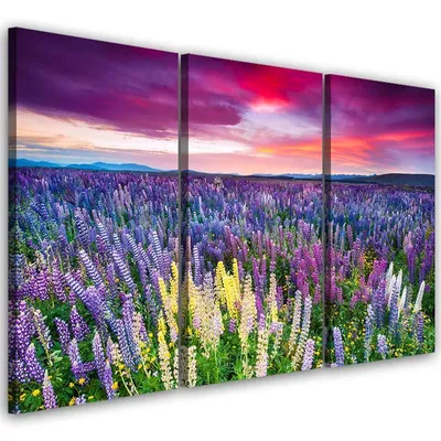 Produktbild von Triptychon auf leinwand blumenwiese 90x60 cm Feeby lila wandbild bereit zum aufhängen