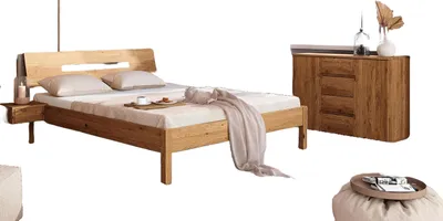 Produktbild von Bett Bento 7 Sonderlänge 120x220 Wildeiche massiv Holzkopfteil und Holzbeine