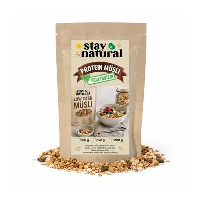Produktbild von Stay Natural Protein Müsli High Protein 250g – Proteinreiches Frühstücksmüsli mit 28,7% Eiweiß, ballaststoffreich, mit Hafer, Saaten, Mandeln & Himbeeren, ideal für Frühstück & Sport