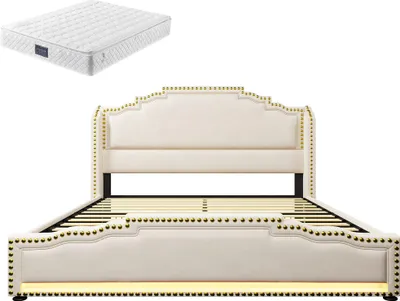 Produktbild von Polsterbett 140x200cm Beige Samt Mit Matratze Doppelbett 4 Schubladen LED-Beleuchtung USB-C-Ladeanschluss Stauraumbett Jugendbett Lattenrost