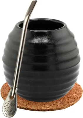 Produktbild von Mate Green Yerba Mate-Tee Set - Keramik Mate Becher Shwarz 400ml - Edeltahl trinkhalm Bombilla 19cm - Handgemachte Keramik Kalebasse - Korkpad