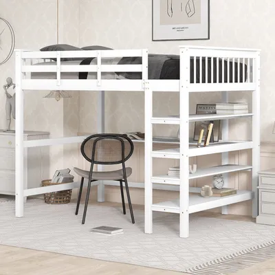 Image de Fortuna Lai Lit d'enfant, lit surélevé 140x200cm avec des compartiments de rangement et un bureau intégré, lit surélevé pour enfants, fabriqué en pin massif de haute qualité et MDF, sommier à lattes inclus, blanc