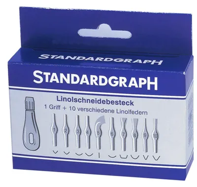 Produktbild von Standardgraph Linolschnitt Schneidebesteck 10 Federn + Griff