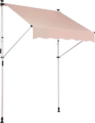 A beige awning supported by two poles, shown against a white background.