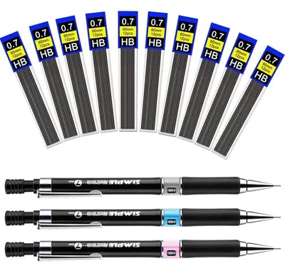 Produktbild von Druckbleistift Set 3 Stück mit 10 Boxen Bleiminen 0,7 mm HB für Skizzen und Schreiben