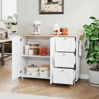 Produktbild von AIORBER Sideboard, Eichenplatte, klappbares Design, 3 Schubladen, Handtuchhalter, Küchentisch,Platzsparendes, für Küche, Esszimmer, 135x44x90 cm, Weiß