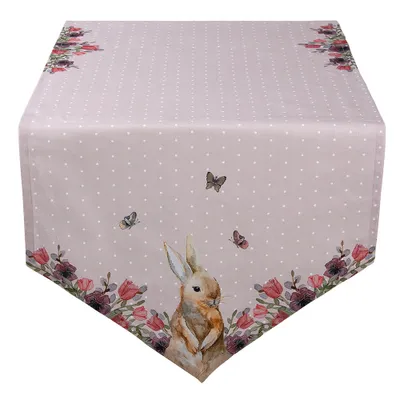 Produktbild von Clayre & Eef Tischläufer 50x160 cm Beige Rosa Baumwolle Kaninchen Blumen