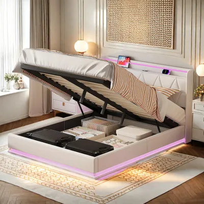 Immagine prodotto di Letto imbottito ProximaX 140x200 cm con LED e USB | letto matrimoniale con testiera, contenitore e rete a doghe, bianco velluto