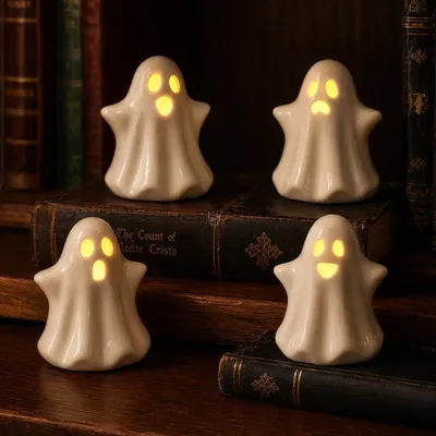 4 Halloween-Geisterfiguren aus Keramik mit LED-Licht