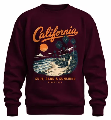 Immagine prodotto di Felpa con cappuccio, stile retrò, con immagini di onde, spiaggia, palme e sole della California, colore bordeaux, taglia XL