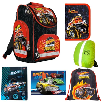 Produktbild von Goldkids - Schulranzen für Jungen und Mädchen, 6er-Set - Schul-Rucksack für Kinder mit Federmäppchen - Schuhbeutel und Regenschutz - Hot Wheels Motiv