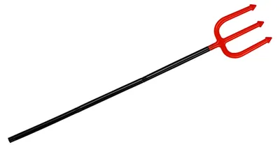 Langer Teufelsdreizack aus Kunststoff in Schwarz mit roter dreizackiger Spitze als Kostüm Accessoire für Halloween.