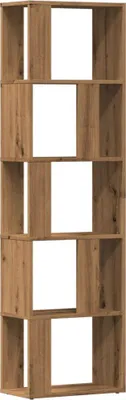 A tall, narrow bookshelf with five open compartments, made of wood-look material.