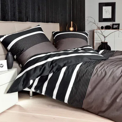 Produktbild von Janine Mako Satin Bettwäsche 2 teilig Bettbezug 135 x 200 cm Kopfkissenbezug 80 x 80 cm Streifen Nougat schwarz