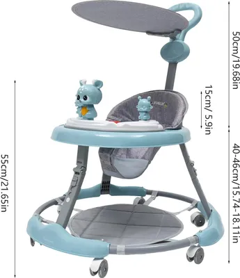 Zdjęcie produktu dla Chodzik dla niemowląt – z muzyką – ciche kółka z PVC – antypoślizgowy – regulowany – nośność do 20 kg – dla dzieci w wieku 1–2 lat – niebieski