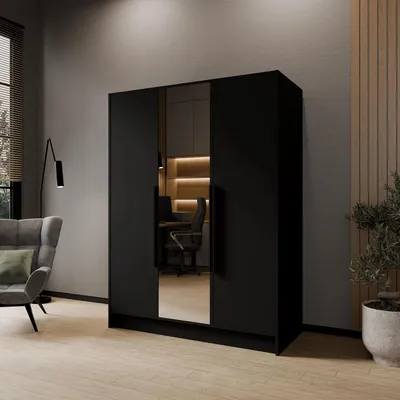 Produktbild von Drehtürenschrank LARO 150 cm Moderner Kleiderschrank mit Spiegel und glatten Türen, Schwarz mit schwarze Griffe