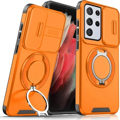 Obrázek produktu pro Dvouvrstvé pouzdro pro Samsung Galaxy S21 Ultra 5G, s posuvným krytem fotoaparátu a magnetickým kroužkovým stojánkem Pomerančový