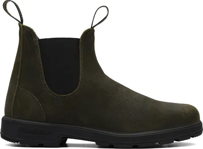 A single dark olive green suede Chelsea boot is shown against a white background.
