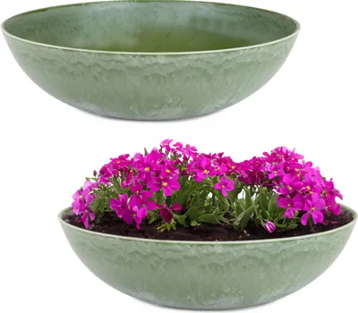 Image de Bacs à plantes d'extérieur : lot de 2 bacs décoratifs ronds verts style vintage, 30 cm