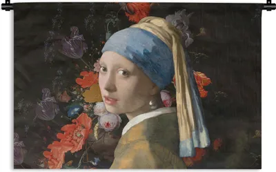 Produktbild von MuchoWow® Wandteppich Wandbehang Das Mädchen mit dem Perlenohrring - Vermeer - Blumen 90x60 cm Tapisserie Dekoration Wandtuch - Wandskulpturen - Bildteppich