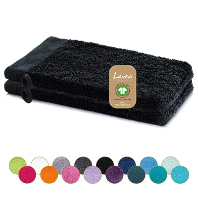 Produktbild von Lavea® 2er Set Waschhandschuh 16x22 cm, 100% Baumwolle, Waschlappen, saugstark, waschbar, strapazierfähig, Frottierserie Bali - Schwarz