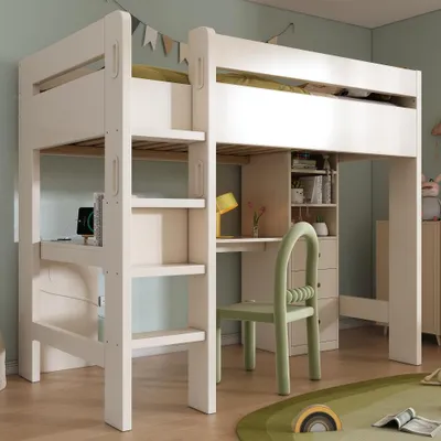 Produktbild von Hochbett 90x200cm mit L-förmigem Schreibtisch, Regalen und Schubladen, Holzbett in Weiß mit USB/Type-C Ladebereich für Jugendzimmer