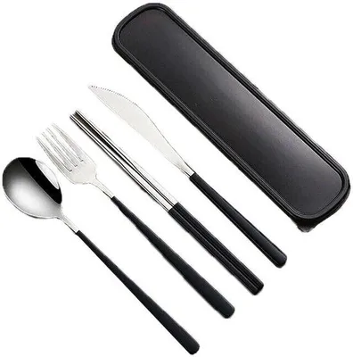 Obrázek produktu pro Sada stříbrných příborů, nerezová ocel 18/8, vidlička, nůž, lžíce, cestovní kufřík, černá