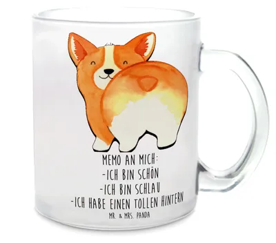 Produktbild von Mr. & Mrs. Panda Trinkglas Corgi Po - Transparent - Geschenk, Teeglas, Corgie, Hund, Häferl, Achtsamkeit, Motivation, Teetasse Glas, Positiv, Sprüche, Tee Tasse, Haferl