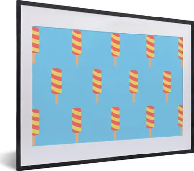 Produktbild von MuchoWow® MuchoWow® Gerahmtes Poster Eiscreme - Muster - Blau - Gelb 40x30 cm - Poster mit zchwarzem Bilderrahmen - Bilderrahmen - Poster im Rahmen