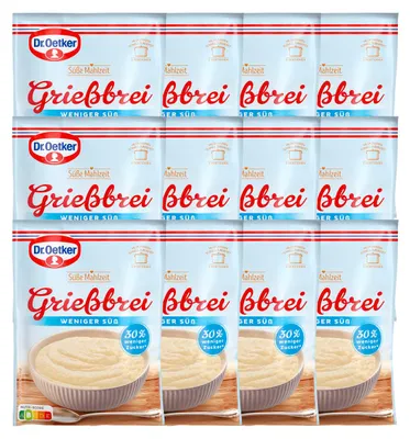 Zdjęcie produktu dla Dr. Oetker Kasza manna – mniej słodka, słodki posiłek, 76 g, opakowanie 12 sztuk