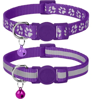 Immagine prodotto di Collare riflettente per gatti con chiusura di sicurezza e campanellino, confezione da 2, colore viola, circonferenza regolabile da 19 a 32 cm