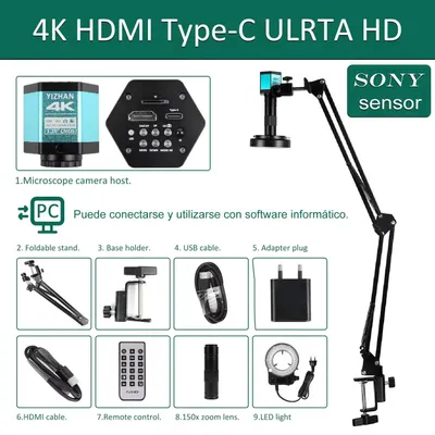 Image de Microscope vidéo numérique 4K - Microscope de soudure pour l'électronique - Capteur d'image IMX415 - Sortie HDMI et USB - Grossissement 150x - Support et télécommande - 4K HDMI USB IMX 415