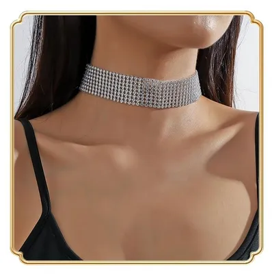 Produktbild von Dishowme Kristall Choker Halskette Breite Strass Choker Halskette Kette 3 Reihen