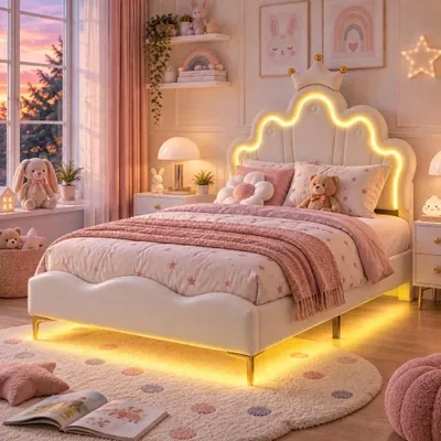Productafbeelding van INONEFT Enkelbed 140x200 cm, LED-bed, kinderbed, prinsessenbed, gestoffeerd bed, jeugdbed met een kroonvormig ontwerp en verstelbaar hoofdeinde (wit)