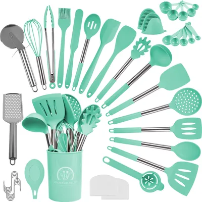 Produktbild von Küchenhelfer Set, 45-teiliges Küchenutensilien Set Silikon, Geschirrset mit Utensilienhalter und Küchenhaken, Antihaft Hitzebeständiger, Tiffanyblau