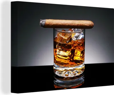 Zdjęcie produktu dla OneMillionCanvasses® - Obraz na płótnie - 140x90 cm, Whisky - Cygaro - Kieliszek, Dekoracja ścienna - Zdjęcie na płótnie - Obraz na drewnianej ramie