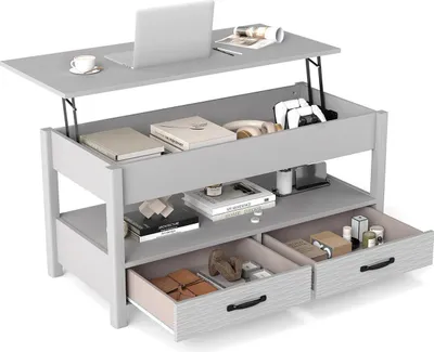 Image de Table basse - Plateau relevable - Compartiment de rangement dissimulé - Étagère ouverte - Deux tiroirs - Cadre en bois - Style cottage