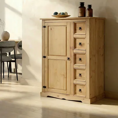 Produktbild von Kommode TEQUILA 5 Schubladen Natur gebeizt und gewachst. Highboard Kiefernholz massiv 2 verstellbare Einlegeböden Esszimmermöbel Zierbeschläge schwarz. Schubladenschrank Wohnzimmer Küche
